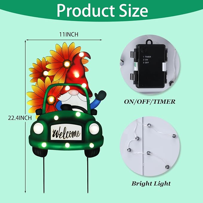 WONDER GARDEN Sunflower Yard Sign Decoration, 22.4" Metal Gnome Truck with LED Lighted, Outdoor Summer Garden Welcome Sign Stake, Outdoor Spring Truck Yard Decoration, Gift for Mom