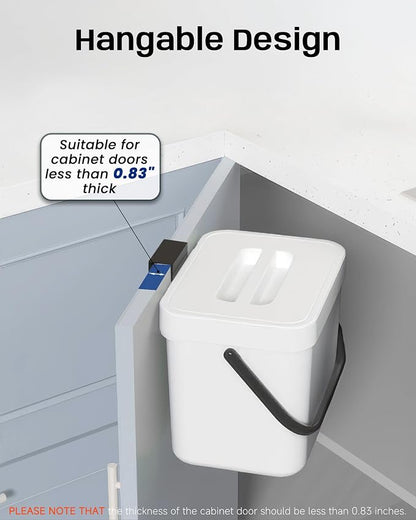 Kitchen Compost Bin - 1.8 Gallons Hanging Trash Can with Lid for Kitchen Cabinet Door, Under Sink, Wall Mounted Waste Bin for Bathroom, 7L(White)
