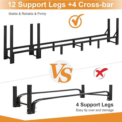 8ft Large Firewood Rack Outdoor, Heavy Duty Metal Wood Rack with Kindling Storage - For Indoor & Outdoor Fireplace, Wood Pile Organizer,Black