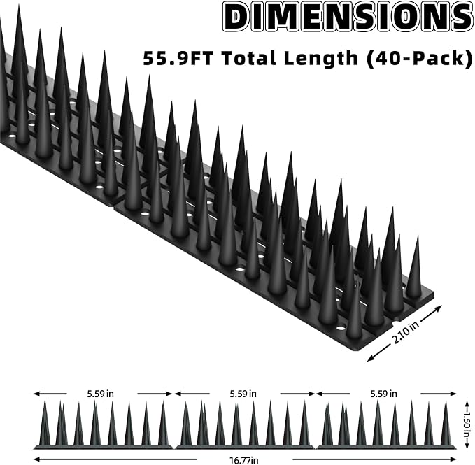 Bird Spikes, 40 Pack, 55.9 FT Total Coverage, Outdoor Bird Deterrent for Pigeons and Small Birds, Helps Keep Cats and Squirrels Away, Plastic Spikes for Fences, Railings and Roofs, Black