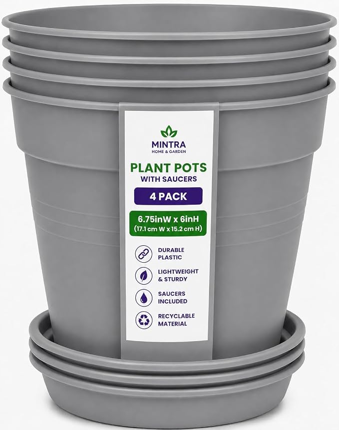 Mintra Garden Pots, 4 Pack Bulk Plastic Plant Pots with Drainage Tray, Round Indoor & Outdoor Decorative Planters with Drain Holes for Flowers, Herbs & Plants, 17cm Diameter – Grey, 6.6 in