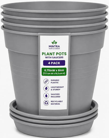 Mintra Garden Pots, 4 Pack Bulk Plastic Plant Pots with Drainage Tray, Round Indoor & Outdoor Decorative Planters with Drain Holes for Flowers, Herbs & Plants, 17cm Diameter – Grey, 6.6 in