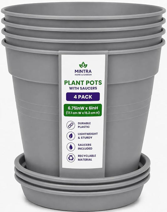 Mintra Garden Pots, 4 Pack Bulk Plastic Plant Pots with Drainage Tray, Round Indoor & Outdoor Decorative Planters with Drain Holes for Flowers, Herbs & Plants, 17cm Diameter – Grey, 6.6 in