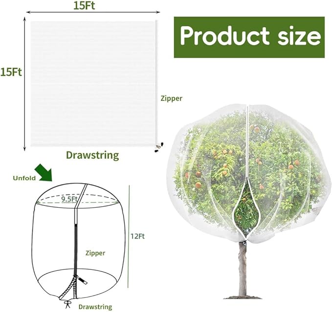 1 Pack Extra-Large Fruit Tree Netting Covers for Birds and Squirrels(15X15ft) –Bird Nets for Fruit Trees with Zipper and Drawstring, Extra Large Durable Mesh Garden Netting to Protect Fruit Trees