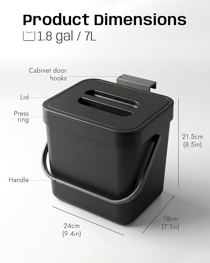 Countertop Compost Bin Kitchen, 1.8 Gallons Hanging Trash Can with Lid for Kitchen Cabinet Door, Under Sink, Wall Mounted Waste Bin for Bathroom, 7L(Black)