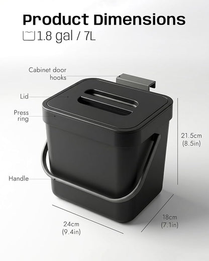 Countertop Compost Bin Kitchen, 1.8 Gallons Hanging Trash Can with Lid for Kitchen Cabinet Door, Under Sink, Wall Mounted Waste Bin for Bathroom, 7L(Black)