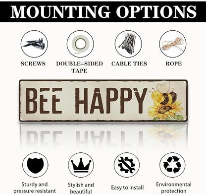 Bee Happy Garden Metal Tin Sign, Vintage Sunflower Decor, Rustic Farmhouse Garden Wall Decor, for Yard Fence Door Porch, Outdoor Gardens Decoration, Ideal for Bee Lovers, 15.7 x 3.9 Inches