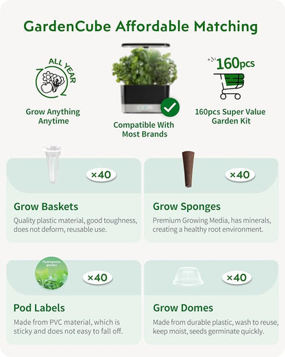 GARDENCUBE 160pcs Hydroponic Pods Kit Grow Anything Kit with 40 Grow Sponges, 40 Grow Baskets, 40 Grow Domes, 40 Pod Labels - Compatible with Hydroponics Supplies from All Brands