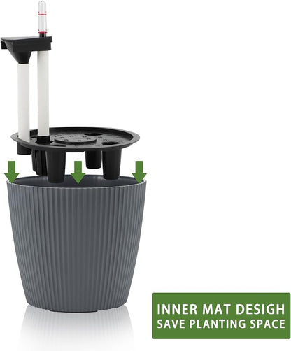 Dexceder 13x12 Self Watering Planters Indoor (2 Pack, Gray) | Inner Mat Design, Floor Standing Flower Plant Pot with Water Level Indicator