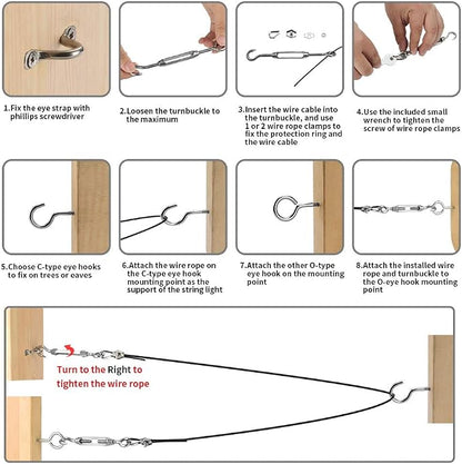 Outdoor Lights Hanging Kit,Globe String Light Suspension Kit,100FT Black Vinyl-Coated 304 Stainless Steel Guide Wire Cable,Include Wire Rope Tension Turnbuckle and Eye Hooks