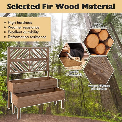 Nightcore Outdoor Elevated Garden Bed with Trellis，Raised Garden Bed with Legs & Drain Holes，2-Tier Wooden Planter Box for Vegetable Fruit Herb