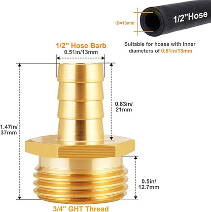 SIGURANTA 1/2" Barb to Male GHT Fitting, Brass Construction for Outdoor Garden Hose, Water Hose Connector for Residential Plumbing Systems(1/2" MHT Barb Fitting 4PCS)