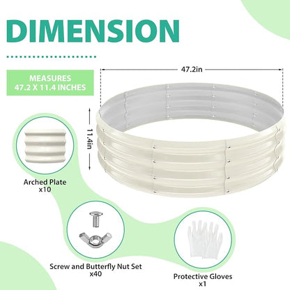 12 Inch Tall 48 Inch Diameter Round White Raised Garden Bed Kits Outdoor | 1 FT Tall,4 FT Planter Bed for Flowers,Herbs,Vegetables,Trees,0.8MM Thick Galvanized Metal Painted,with Gloves,Tool free