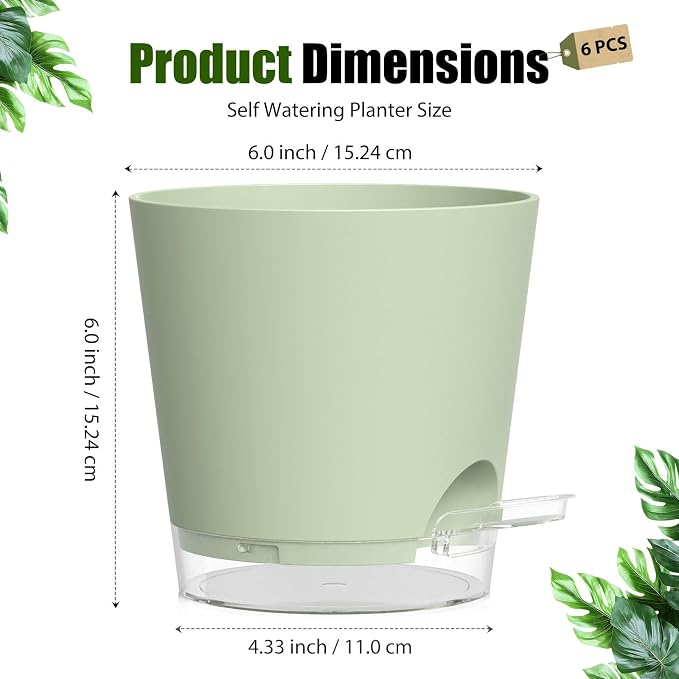 Plant Pots 6 Inch Self Watering Pots,6 Pack Plastic Planters with Drainage Holes and Clear Saucers,Plastic Flower Pots,Nursery Planting Pot for Indoor Out Door Plants (Green)