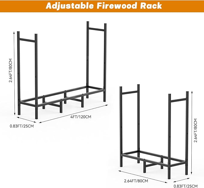 CADUKE Firewood Rack Outdoor, Adjustable 4FT to 2.64FT Heavy Duty Wood Racks for Firewood, Metal Log Rack Wood Storage for Indoor Fireplace Patio, Black