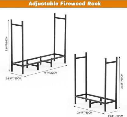 CADUKE Firewood Rack Outdoor, Adjustable 4FT to 2.64FT Heavy Duty Wood Racks for Firewood, Metal Log Rack Wood Storage for Indoor Fireplace Patio, Black