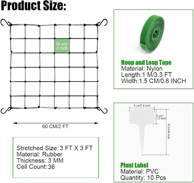 2 Pcs Scrog Net 3x3 FT Trellis Net for Grow Tent Elastic Trellis Netting with Hooks, Loop Tape, Garden Label for Indoor Plant Growing Tents Garden Plant Climbing Plants Support