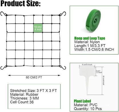 2 Pcs Scrog Net 3x3 FT Trellis Net for Grow Tent Elastic Trellis Netting with Hooks, Loop Tape, Garden Label for Indoor Plant Growing Tents Garden Plant Climbing Plants Support