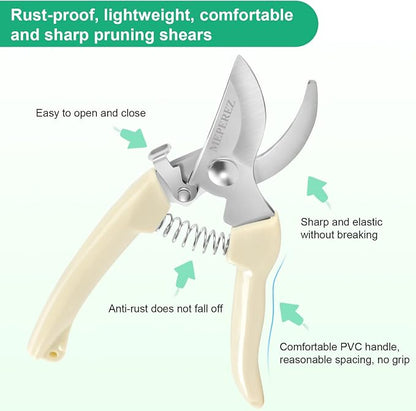 6PCS Premium garden shears, pruning scissors gardening tools, pruners for flower, bushes, rose and fruit tree, use for florist, yard and orchard the plant clippers, sharp steel anvil snips (white, 6)