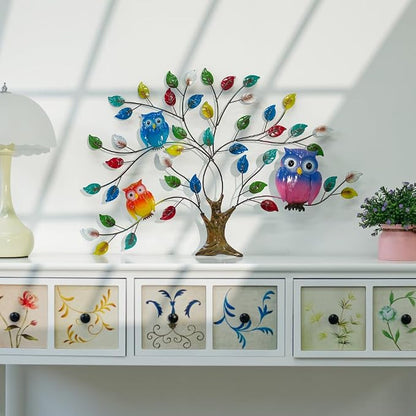dreamskip Tree of Life Metal Wall Art, 25" Outdoor Large Wall Sculpture with Colorful Leaves and Owls, Tree Metal Wall Decor for Outdoor Indoor, Living Room, Patio, Fence, Bedroom, Garden Decor
