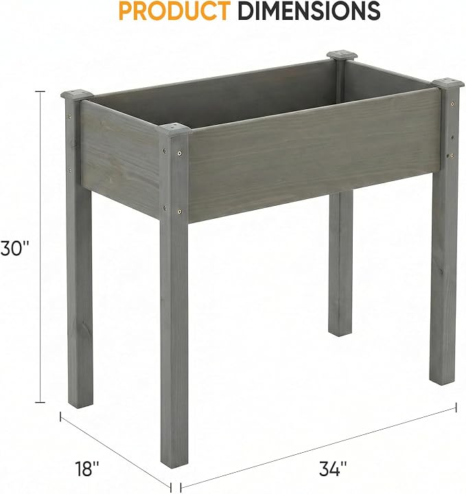 NEWBULIG Raised Garden Bed Wood 34x18x30in, Elevated Wood Planter Box Stand with Legs for Outdoors Balcony Backyard, Raised Garden Bed for Planting Herbs Flowers Vegetables, Grey