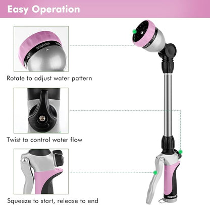 RESTMO Heavy Duty Metal Hose Wand, Watering Wand for Garden Hose | 180° Swivel Ratcheting Head, 16'' Hose Sprayer, 7 Spray Patterns, Flow Control, Ideal for Hanging Baskets & Shrubs, Pink