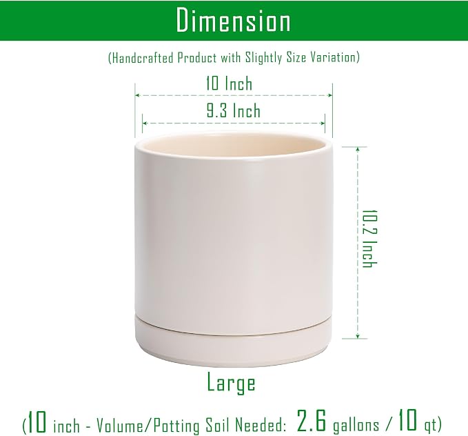D'vine Dev 10 Inch Ceramic Planter Pot, Oatmeal, 94-O-E-8 | Modern Cylinder Design, Drainage Hole & Saucer Included, Stable Structure, Elegant Home Accent