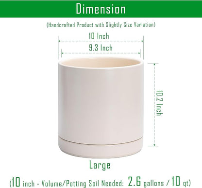 D'vine Dev 10 Inch Ceramic Planter Pot, Oatmeal, 94-O-E-8 | Modern Cylinder Design, Drainage Hole & Saucer Included, Stable Structure, Elegant Home Accent