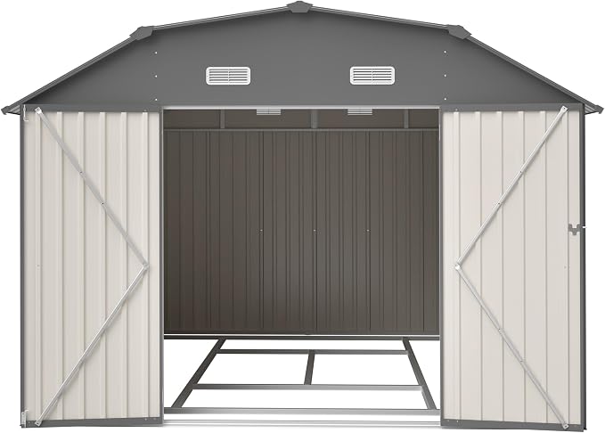 YOPTO 10×12 FT Outdoor Storage Shed,Heavy-Duty Metal Shed with Floor Base,All Weather Waterproof Tool Shed W/Diamond Roof & Windows,Lockable Double Door & 4 Air Vents,for Backyard,Patio,Lawn,Gray