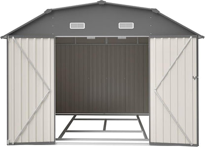 YOPTO 10×12 FT Outdoor Storage Shed,Heavy-Duty Metal Shed with Floor Base,All Weather Waterproof Tool Shed W/Diamond Roof & Windows,Lockable Double Door & 4 Air Vents,for Backyard,Patio,Lawn,Gray