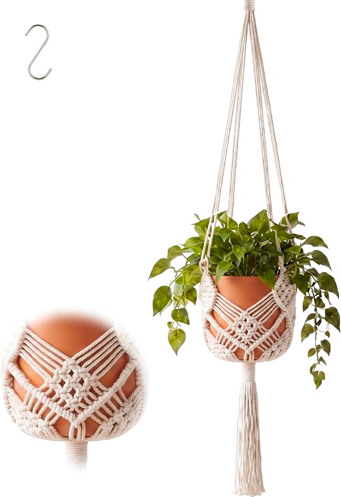 Shappy 1 Pack Boho Macrame Plant Hanger, Large Hanging Planter Plant Holder Pot Hanger Hanging Basket Wall Planters, Plants Lover Gift for Indoor Garden (Diamond Knot Macrame,White)