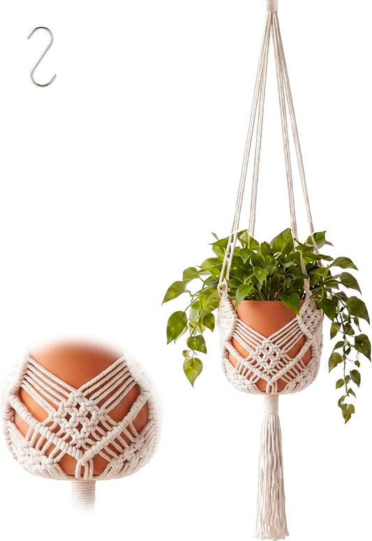 Shappy 1 Pack Boho Macrame Plant Hanger, Large Hanging Planter Plant Holder Pot Hanger Hanging Basket Wall Planters, Plants Lover Gift for Indoor Garden (Diamond Knot Macrame,White)