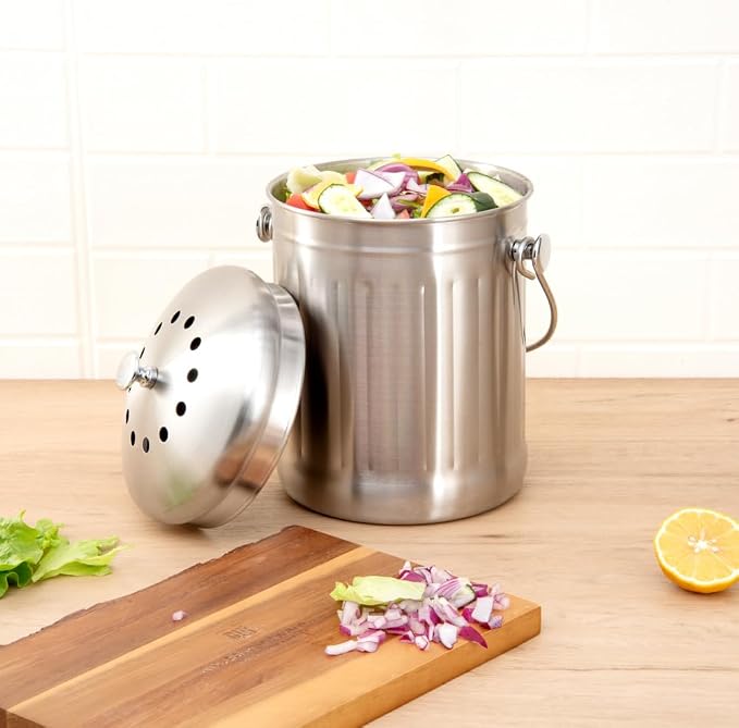 Restaurantware RW Clean 1.3 Gallon Countertop Food Waste Bin 1 Compact Food Waste Container - Avoids Rusting Airtight Lid Stainless Steel 201 Countertop Compost Bin Charcoal Filter