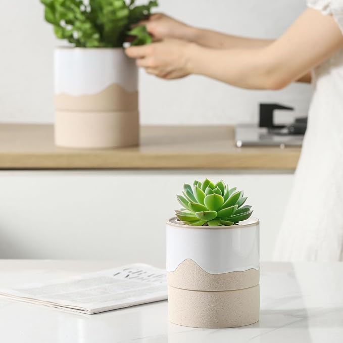 Nihow Self Watering Ceramic Planter, 4.5+6 Inch, White & Nature | Drainage Hole & Water Storage Plus, Cylinder Flower Pot, With Wick, For Indoor Plants & Herbs