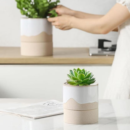 Nihow Self Watering Ceramic Planter, 4.5+6 Inch, White & Nature | Drainage Hole & Water Storage Plus, Cylinder Flower Pot, With Wick, For Indoor Plants & Herbs
