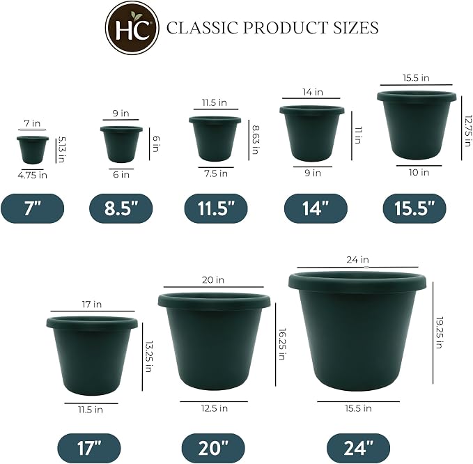 The HC Companies Classic Round Plastic Plant Pot w/Rolled Rim - Lightweight & UV Resistant Flower Pot for Herbs & More - Outdoor & Indoor Plant Pots w/Drainage (14 inch Evergreen, Pack of 1)
