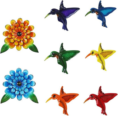 8 PCS Metal Hummingbird Flower Wall Art Garden Decor, 6“ Birds Sunflower Outdoor Wall Art, 3D Colorful Bird Wall Hanging Art Sculpture Outside Living Room Porch Garden Yard
