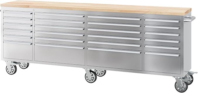GarveeTech 96-Inch Heavy-Duty Rolling Tool Chest & Mobile Workbench, 24 Drawers, Rubber Wood Tabletop, Key Locking System, Drawer Liners, 6 Wheels, Steel Storage Cabinet for Garage