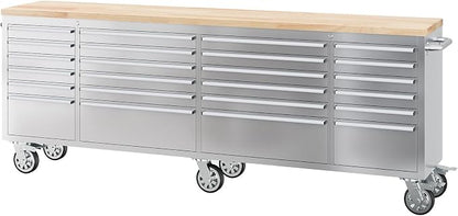 GarveeTech 96-Inch Heavy-Duty Rolling Tool Chest & Mobile Workbench, 24 Drawers, Rubber Wood Tabletop, Key Locking System, Drawer Liners, 6 Wheels, Steel Storage Cabinet for Garage