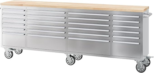 GarveeTech 96-Inch Heavy-Duty Rolling Tool Chest & Mobile Workbench, 24 Drawers, Rubber Wood Tabletop, Key Locking System, Drawer Liners, 6 Wheels, Steel Storage Cabinet for Garage