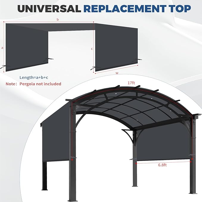 17' x 6.8' Waterproof Pergola Canopy Replacement Cover, Dark Gray | Waterproof polyester canopy with built-in drainage holes and adjustable tie straps for a secure fit in rain and wind.