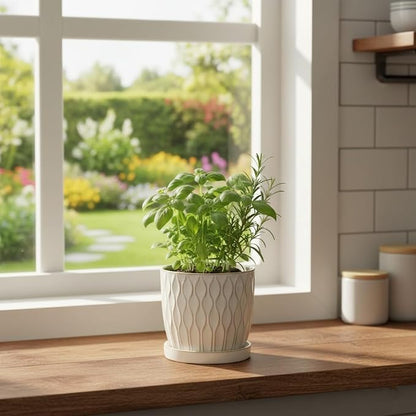 Nihow Ceramic Plant Pots with Drainage Hole & Saucer, 4.75 Inch, White-3 | Small,Embossed Design, For Succulent, Cactus, Little Snake, Indoor Plants