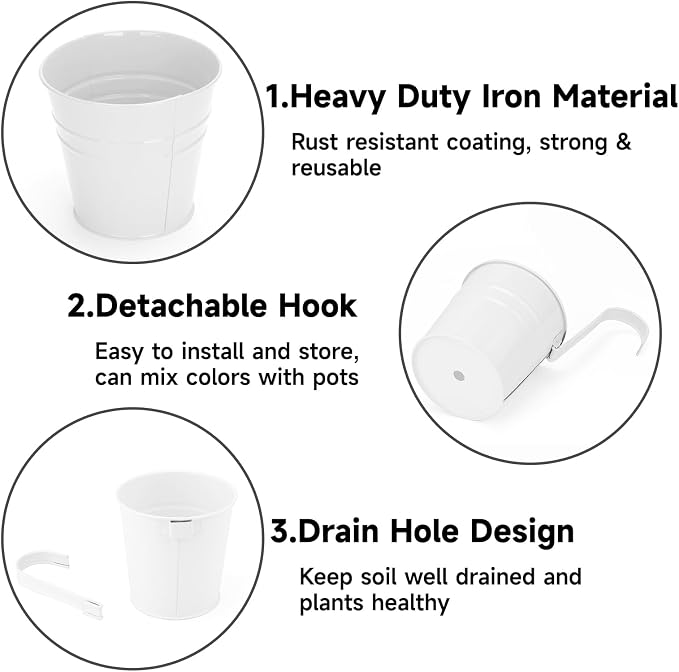 KINGLAKE Flower Pots,10 Pcs Metal Iron Hanging Flower Plant Pot Balcony Garden Plant Planter Baskets Fence Bucket Pots 6.3'' Flower Holders with Detachable Hook White