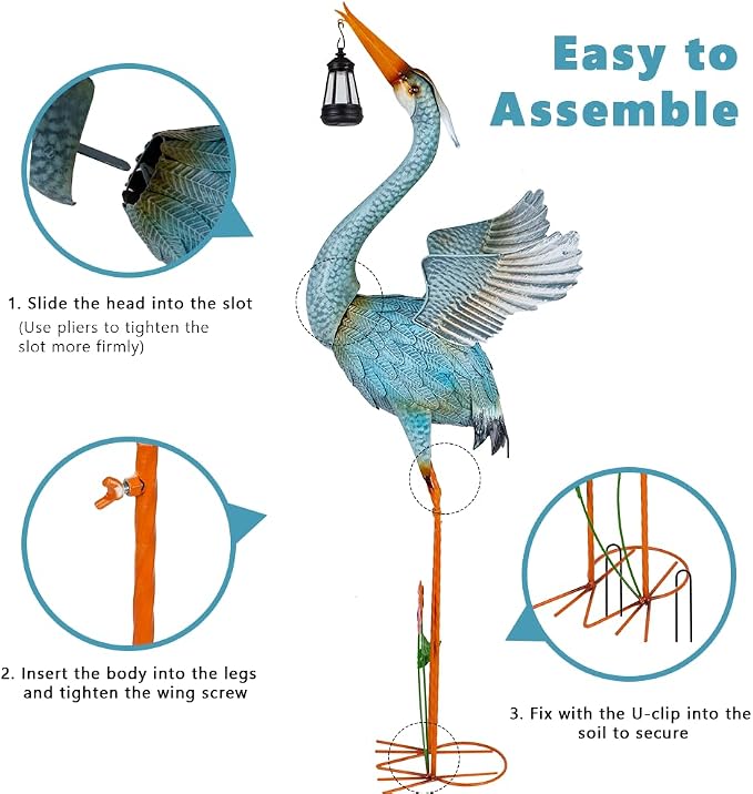 Crane Garden Statue with Solar Lantern,Large Blue Heron Outdoor Staue | Metal Crane Sculpture, Yard Art Decor for Garden, Lawn, Backyard, Porch