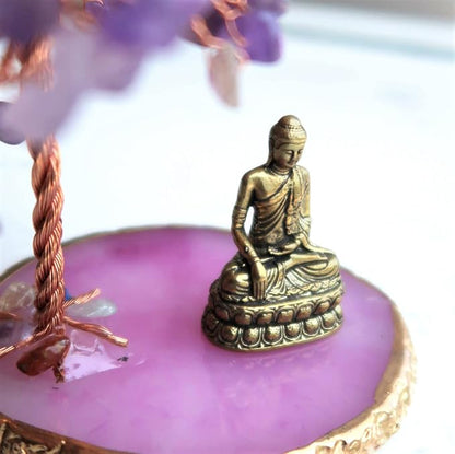 Buddha Statue with Healing Crystal Tree, Tree of Life for Positive Energy. Home Decor Yoga Meditation. Amethyst.(A)
