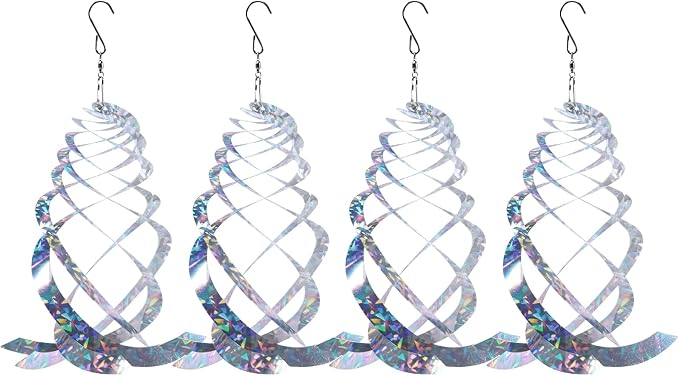 OFFO Bird Reflectors, 9.8 inch Double-Sided Reflective Bird Scare Devices with Stainless Steel Hook, Spiral Reflectors Outdoor Garden Decor for Tree Patio Farm Orchard Porch Pool Window, 4 PCS