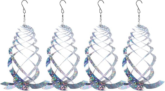 OFFO Bird Reflectors, 9.8 inch Double-Sided Reflective Bird Scare Devices with Stainless Steel Hook, Spiral Reflectors Outdoor Garden Decor for Tree Patio Farm Orchard Porch Pool Window, 4 PCS