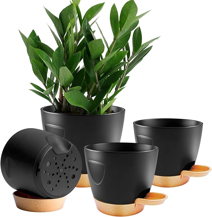 Self Watering Plant Pots with Drainage & Saucers, 4-Pack 6.5/6/5.5/5 in - Plastic Flower Pots for Indoor Plants, Succulents & Herbs, Planters for Indoor Outdoor & Balcony (Black)