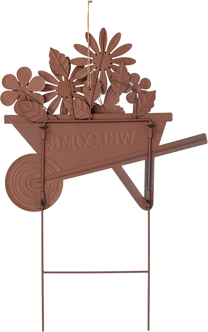 Glitzhome Cart Decorative Garden Stakes, Spring Metal Yard Decor with Lifelike Flower or Wall Decor, Flower Barrow Stake Garden Signs for Outside, 30” H