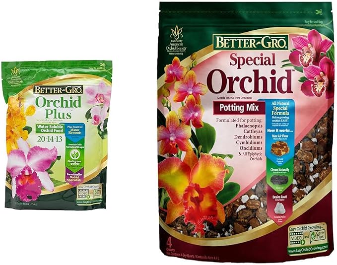Better-Gro Orchid Plus 20-14-13 - Urea-Free Orchid Fertilizer for Vigorous Growth, Water Soluble & Special Orchid Mix - Premium Grade Orchid Bark Potting Mix for Potting, Repotting